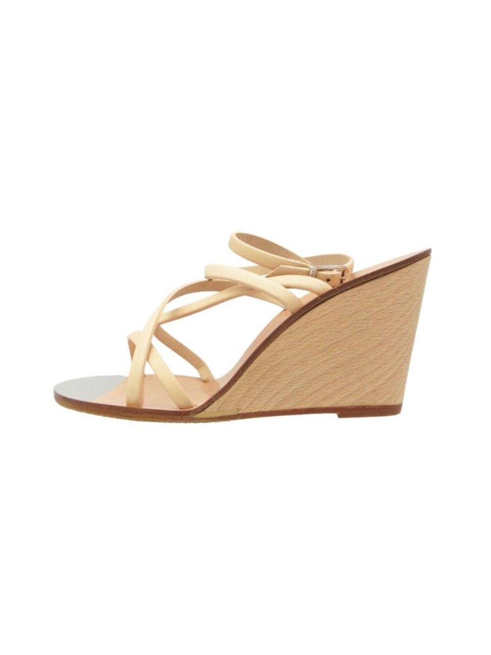 Chanel Sandals Wood Wedge Sole Ankle Strap CC Logo Beige 34c